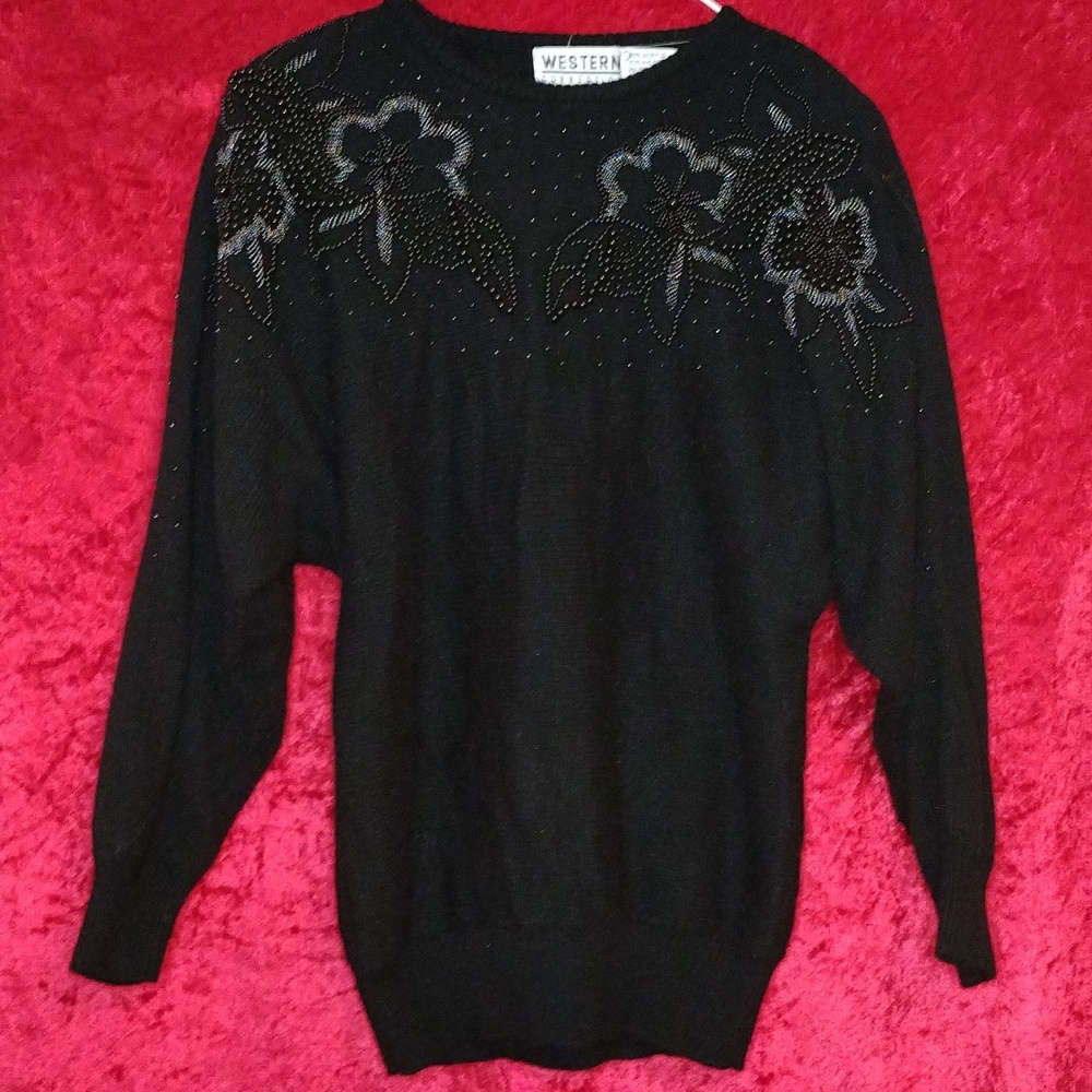 Vintage western connection beaded sweater ribbed hemline and cuffs shoulder pads